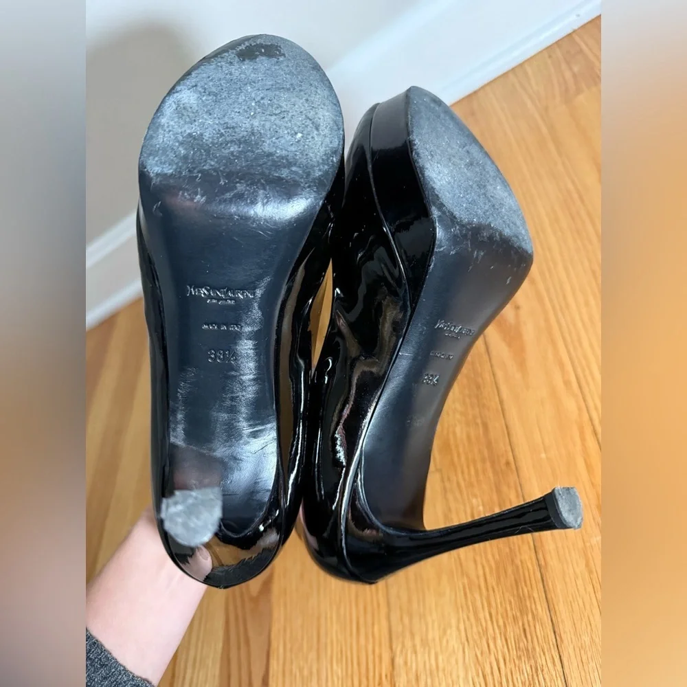 Yves Saint Laurent 7.5 Black Patent Leather Peep Toe Pumps classy, formal, YSL - Picture 12 of 13